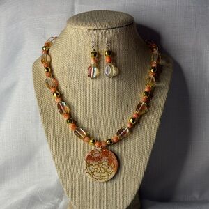 Handcrafted Glass and Coral Necklace and Earring Set w/Clay Pendant